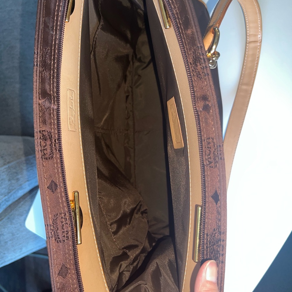 MCM Brown Monogram Tote with Gold Chain and Tan Leather Straps - Picture 12 of 15